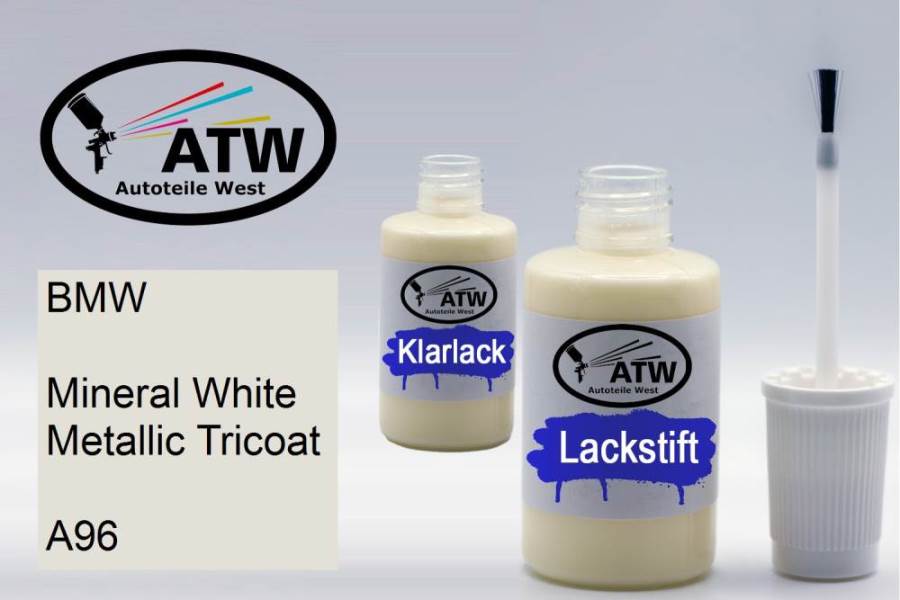 BMW, Mineral White Metallic Tricoat, A96: 20ml Lackstift + 20ml Klarlack - Set, von ATW Autoteile West.